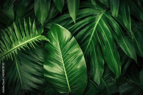 Green leaves background. Green tropical monstera leaves, AI