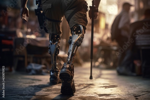 Bionic prosthetic leg. Cybernetic technologies in prosthetics. Leg prosthesis.. Legs of disabled man with prosthetic leg walking in the city.