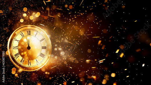 Happy New Year countdown. Clock and fireworks, lights and bokeh effect. Golden clock on dark festive background with copy space.