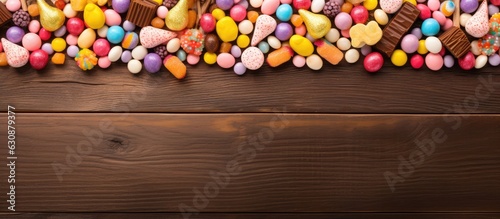 An Easter candy double border is seen from an overhead perspective on a wooden banner background. It features chocolate bunnies, candy eggs, and a variety of sweets. copy space available.