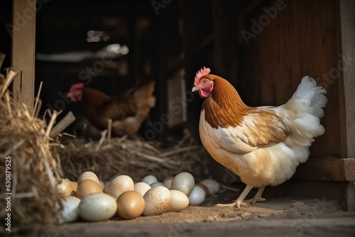 hen lays eggs at a chicken coop in a group of chickens, AI
