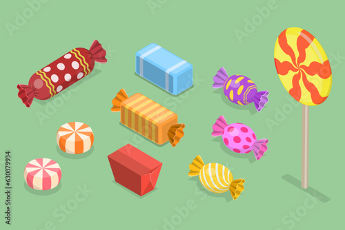 3D Isometric Flat Vector Set of Candies, Caramel Sweet Lollipops