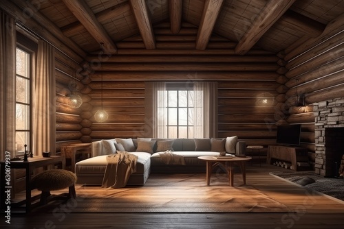 Home mockup cozy log cabin interior background