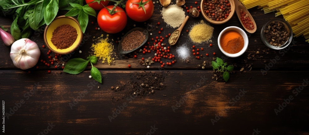 The ingredients commonly used in Italian food cooking are pasta, vegetables, and spices. top view of these ingredients with some empty space for text. The ingredients commonly used in Italian food cooking are pasta, vegetables, and spices. top view of these ingredients with some empty space for text.