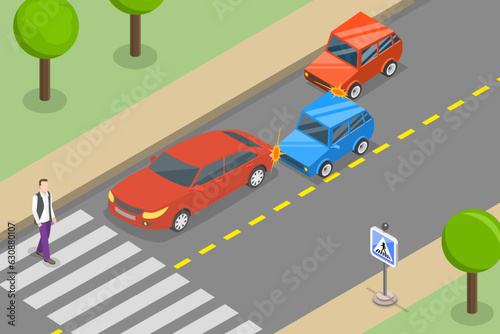 3D Isometric Flat Vector Conceptual Illustration of Road Accident, Car Collision