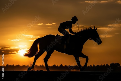 Horse racing at sunset, AI generated