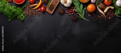 Panel kuchenny z motywem food cooking background, with a cutting board, spices, herbs, and vegetables placed on a black slate table. The view is from the top, and space available for adding text.