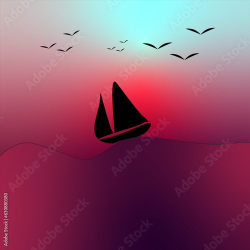 BOAT IN STORMY SEA PINK SUNSET ILLUSTRATION