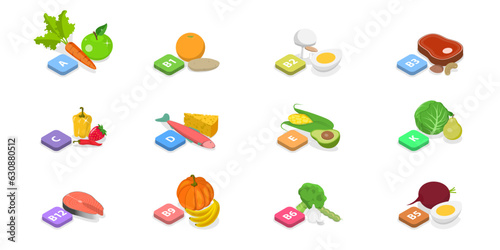 3D Isometric Flat Vector Conceptual Illustration of Vitamins And Minerals, Healthy Food Supplements
