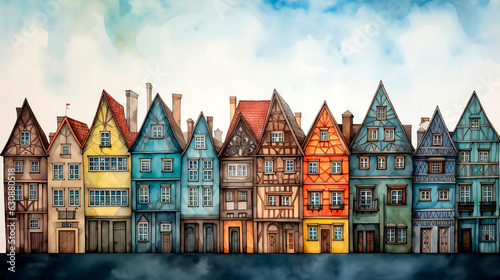 Watercolor illustration of colorful houses in the old town of Strasbourg.AI Generated