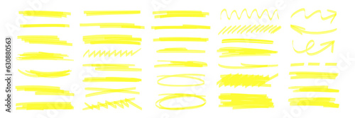 Yellow marker brush lines. Highlighter underline scribbles. Paint pen handdrawn strokes. Vector illustration of grunge freehand watercolor ink pencil marks photo
