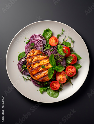 Grilled chicken fillet with fresh vegetables on a black background.AI Generated