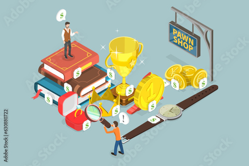 3D Isometric Flat Vector Conceptual Illustration of Pawnshop Business, Quick Cash Service