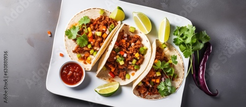 Two Mexican street-style tacos made with chicken, onions, chili peppers, corn, and beans, served on a white plate along with a lime wedge and spices. is taken from a top view and empty space for