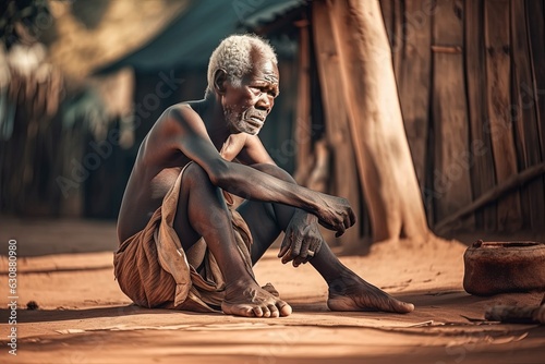Portrait of an old starving African man sitting on the ground in the village.
