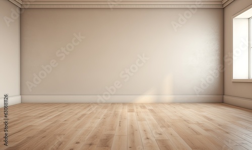 Empty light room with background wall and wooden floor. © LeitnerR