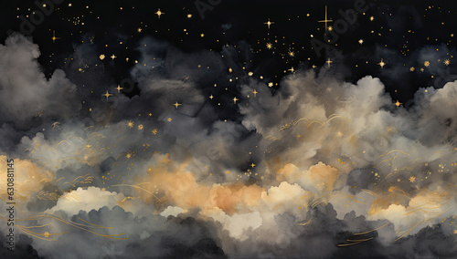 Golden and black night sky painting with the moon, stars and clouds in different shades.