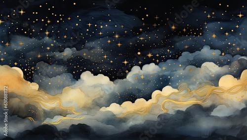 Golden and black night sky painting with the moon, stars and clouds in different shades.