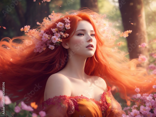 Beautiful girl with red hair in an elegant dress in the autumn park