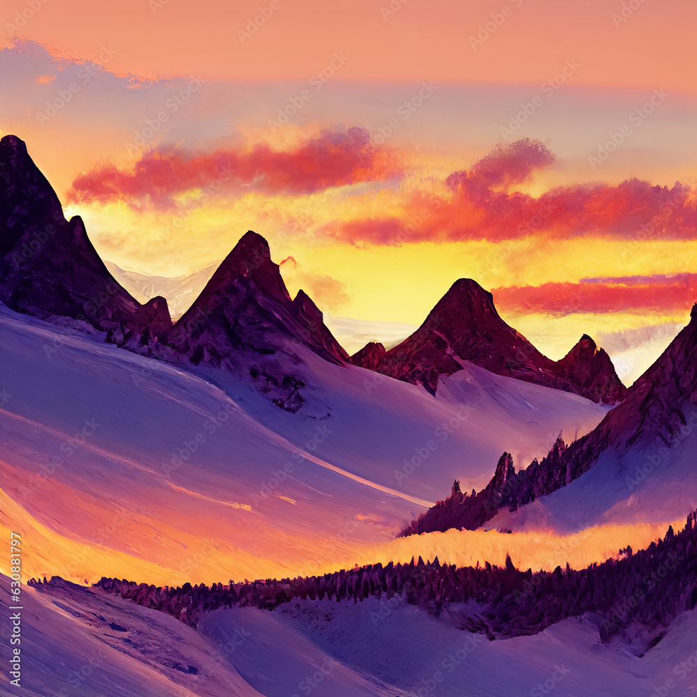 Beautiful mountains with snow at the setting sun.Artistic style. AI-generated