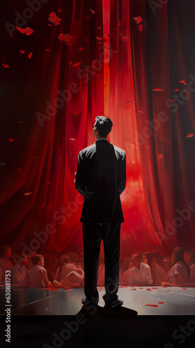 An elegantly dressed man stands on a stage and the light illuminates him, with a large red curtain behind him with Generative AI Aspect ratio 9:16