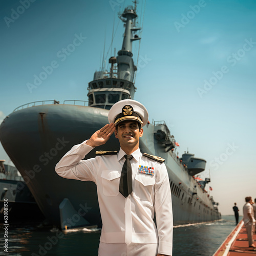Valokuvatapetti Indian Navy officer in white uniform standing beside warship and do salute