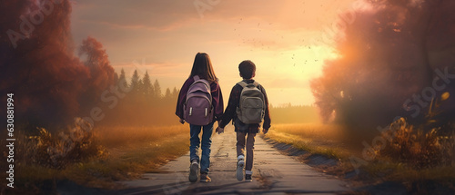 Kids walking , back to school , morning 