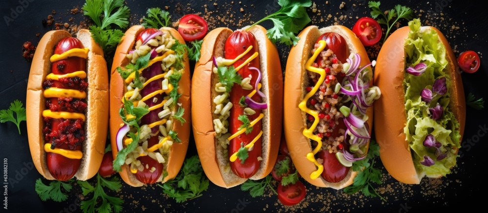 A variety of hot dogs are shown on a stone background, with vegetables, lettuce, and condiments. is taken from a top-down view, allowing for copy space. The composition is presented in a flat lay A variety of hot dogs are shown on a stone background, with vegetables, lettuce, and condiments. is taken from a top-down view, allowing for copy space. The composition is presented in a flat lay