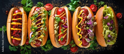 A variety of hot dogs are shown on a stone background, with vegetables, lettuce, and condiments. is taken from a top-down view, allowing for copy space. The composition is presented in a flat lay