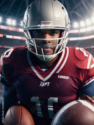 American Football Championship Game: Close-up Portrait of Professional Player Wearing Helmet. Professional Athlete Full of Power, Skill, Determination to Win. Low Angle Shot