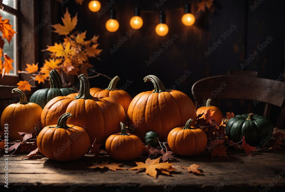 Obraz premium pumpkins and maple leaves background