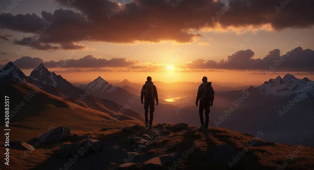 two people watching sunset over the mountains