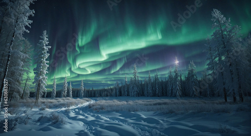 winter forest with aurora borealis northern lights in the night