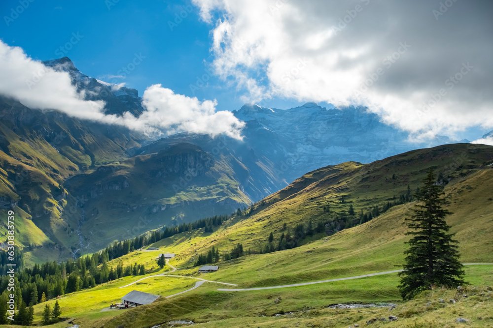 Amazing touristic alpine village in valley, Switzerland attraction