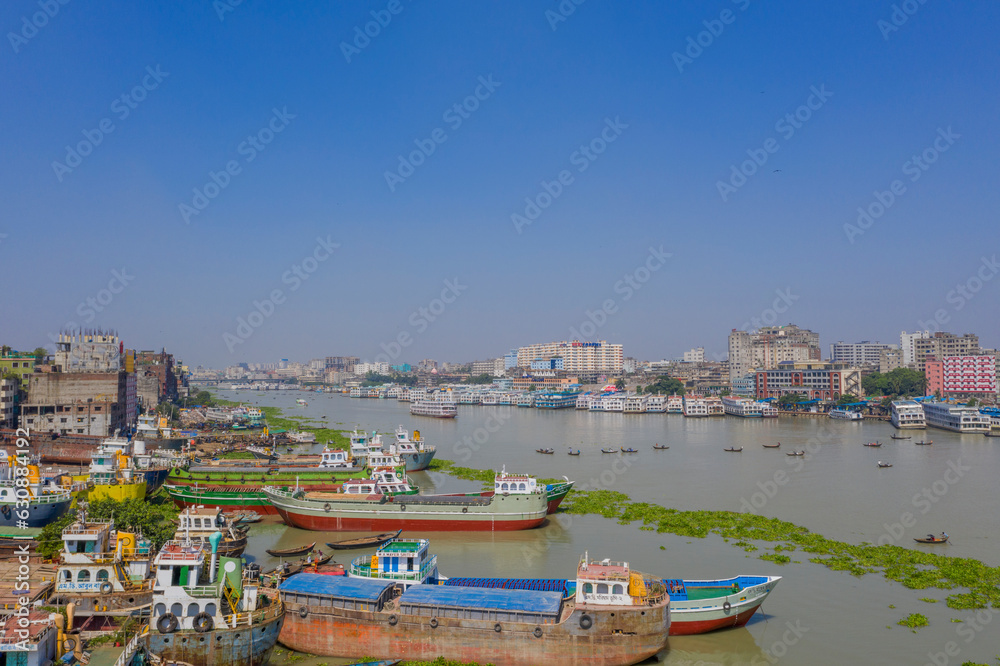 waterway transportation on Shitalakshya River is a distributary of the Brahmaputra, Dhaka Bangladesh