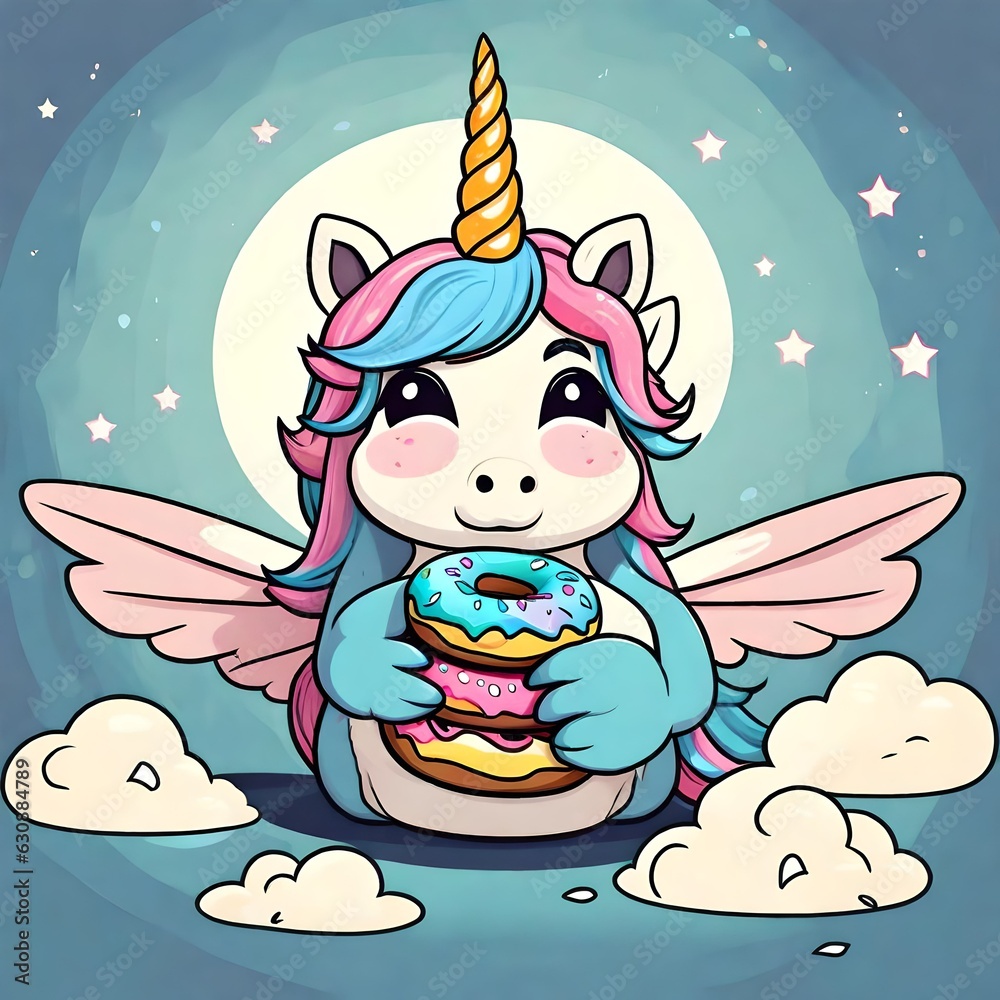 Fototapeta premium a cartoon of a chubby unicorn eating a donut
