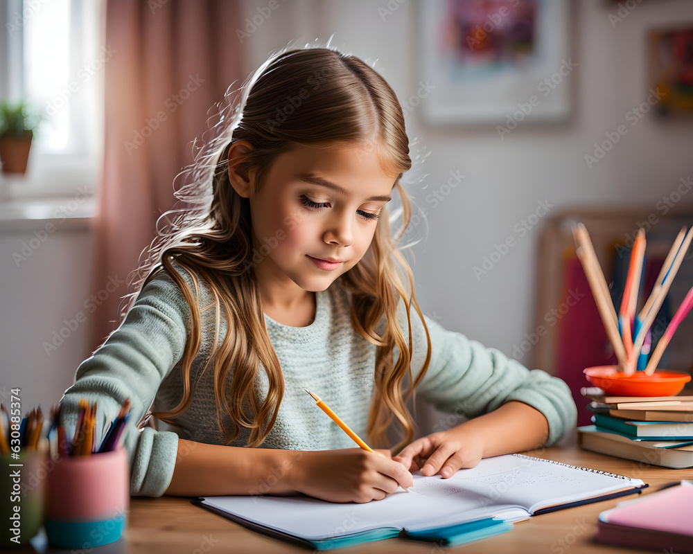 an eight year old girl doing her homework at a table- generative ai an eight year old girl doing her homework at a table- generative ai