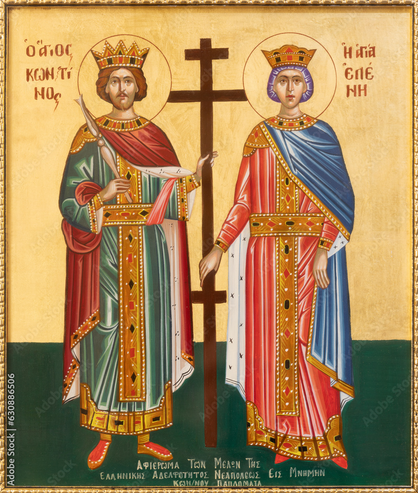 NAPLES, ITALY - APRIL 24, 2023: The orthodox icon of  St. Constantine and St. Helen in the church Chiesa di San Pietro Martire by unknown artist.
