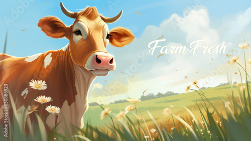 cow in a meadow and farm fresh text overlay