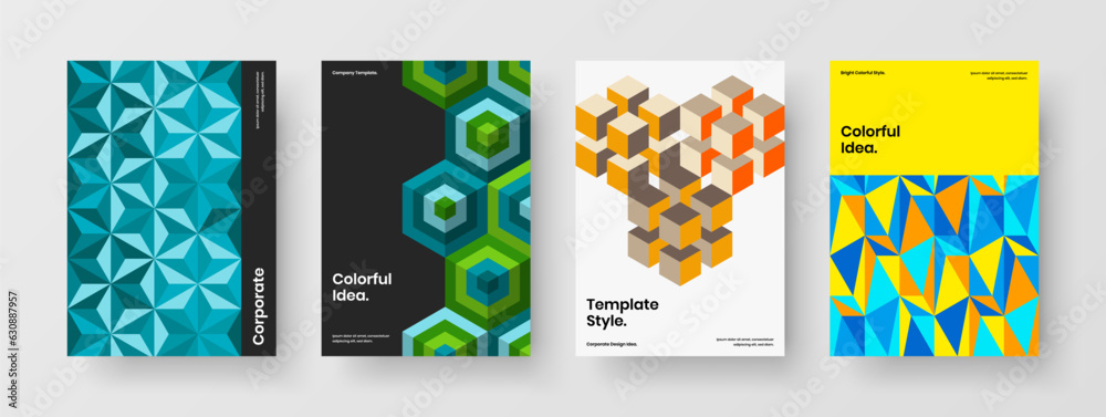 Fresh geometric hexagons flyer layout collection. Clean corporate brochure A4 vector design illustration set.