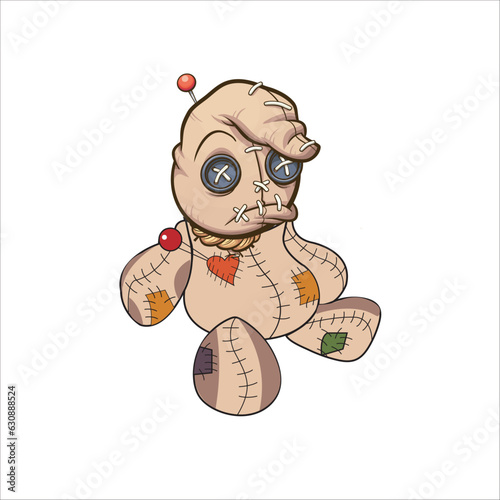 Sad sitting voodoo doll with pins. Vector clip art illustration with simple gradients. All on a single layer. 