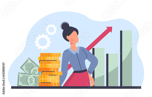 Business woman with graphs concept. Young girl with graph and money. Golden coins and banknotes. Financial literacy and passive income. Successful entrepreneur. Cartoon flat vector illustration