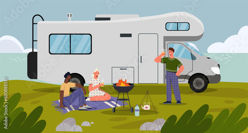 People near camping car concept. Man and woman with hot drinks and barbecue near transport. Mobile home, travel, trip and tourism. Active lifestyle and hiking. Cartoon flat vector illustration