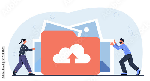 People with cloud storage concept. Online electronic storage and archive. Man and woman near folder with photos and files. Internet data exchange. Cartoon flat vector illustration