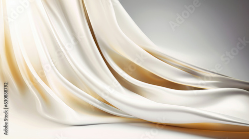 Abstract white and gold silk fabric texture background. Elegant luxury satin cloth with wave. Prestigious, award, luxurious background.
