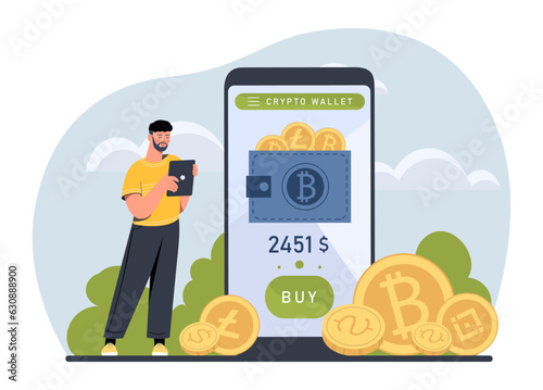 Man with crypto wallet concept. Young guy with smartphone. Blockchain technology and electronic money. Investing and trading, economics. Character with bitcoin. Cartoon flat vector illustration