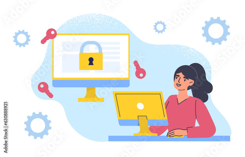Cryptographer with computer concept. Modern blockchain technology. Character with cryptocurrency. Investing and trading, financial literacy and passive income. Cartoon flat vector illustration