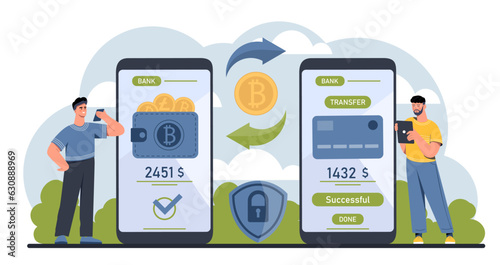 People with currency transfer concept. Men near smartphone screens with wallet and bank card. Payments and transfers, electronic money. Investing and trading. Cartoon flat vector illustration