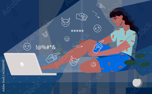 Woman with cyberbulling concept. Young girl with laptop. Mental health and psychology, stress. Bullying and abuse in social networks and messengers. Cartoon flat vector illustration