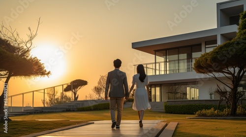 Beautiful young couple outside house at sunset